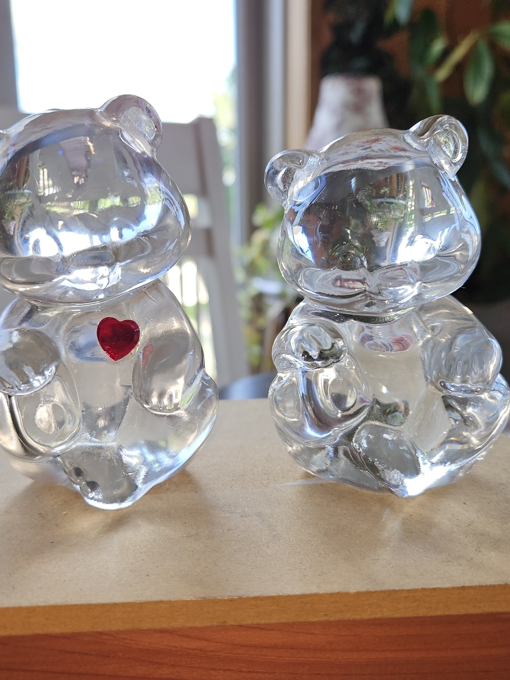 Set of 2 Vintage Fenton Glass Clear Teddy Bears Red Heart